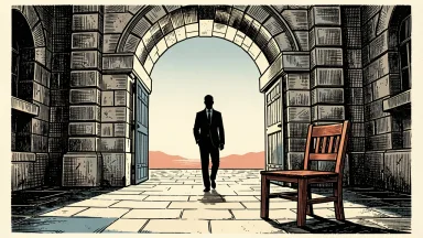 Northern Trust CFO David Fox to retire: a silhouette of a person in a suit walks through a stone archway toward a distant horizon, leaving an empty chair behind.