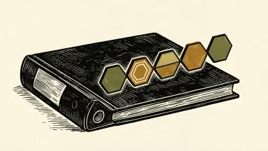 BlackRock tokenized portfolios on the blockchain: a physical investment binder transforming into a sequence of digital hexagonal tiles.