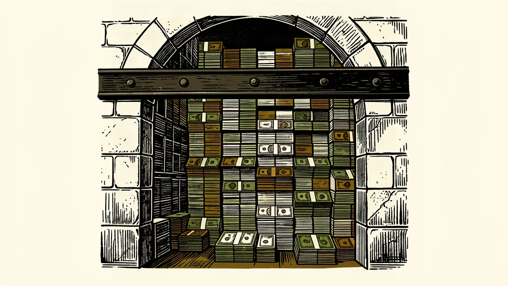 A heavy stone vault door is held open by a thick iron bar, securing a large stack of currency bundles inside.