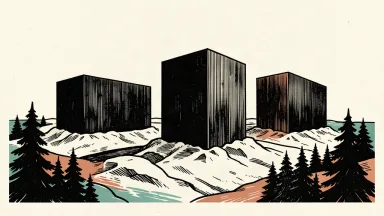 Three large, minimalist data center buildings stand as solid blocks against a sparse, snowy northern landscape.