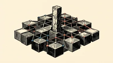 Datavault AI appoints Christopher R. Hardt as an independent director: a solid stone pillar is integrated into a complex geometric data lattice to provide structural support.