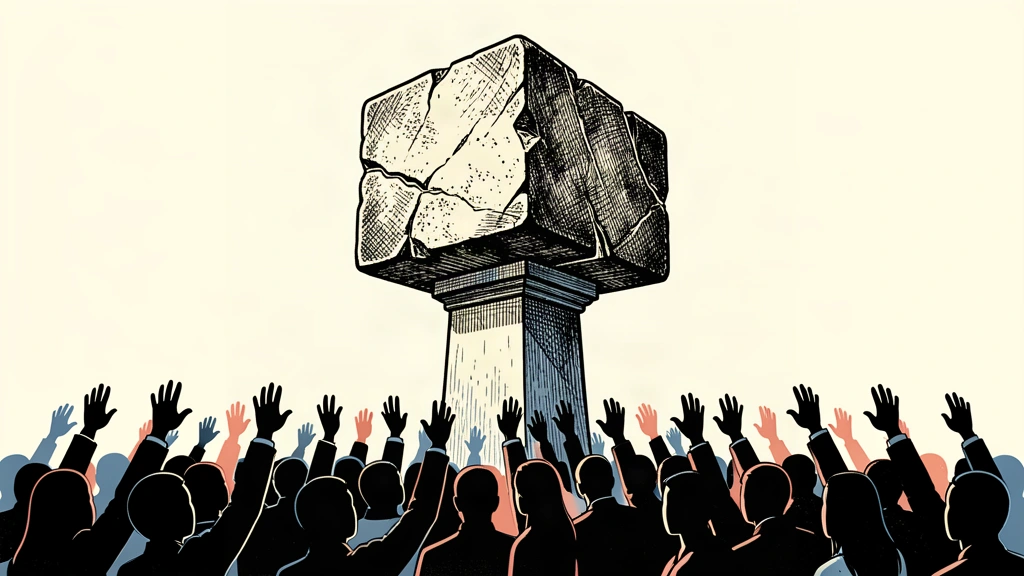 An editorial illustration of a massive stone block on a high pedestal being reached for by a crowd of small silhouettes, representing high Treasury yields and investor demand.