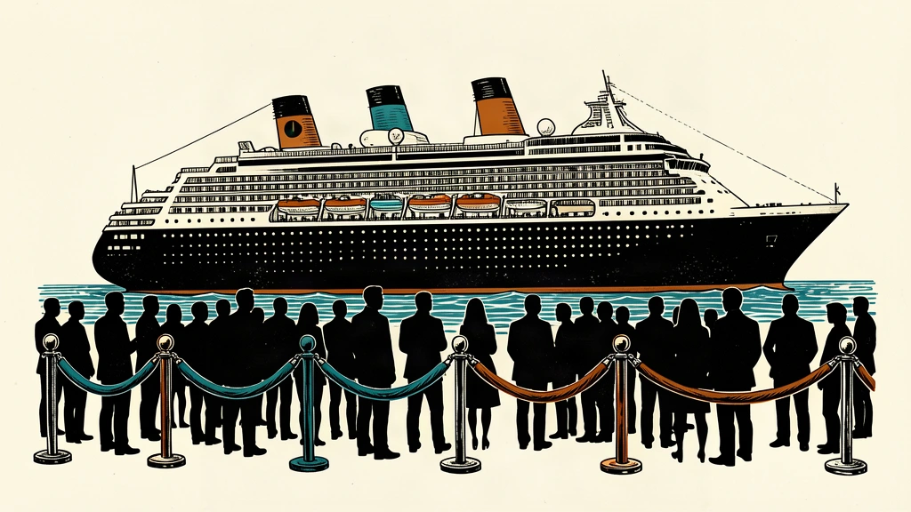 An editorial illustration of a large cruise ship being boarded by a long line of people behind a velvet rope.