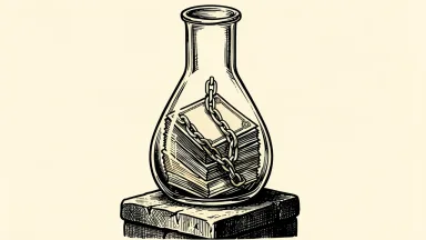 Regeneron grants 10-year performance share units: a stack of share certificates inside a laboratory flask is anchored by a heavy ten-link chain.