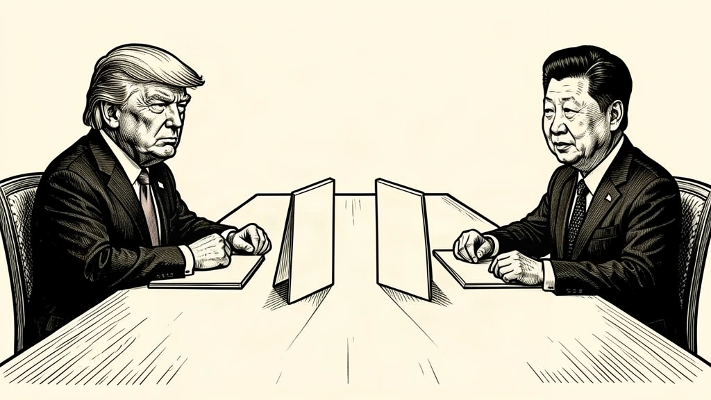 An editorial illustration of Donald Trump and Xi Jinping at opposite ends of a long formal table with two blank digital tiles between them. Identity photo references adapted into illustration: Daniel Torok (Public domain; https://commons.wikimedia.org/wiki/File:Official_Presidential_Portrait_of_President_Donald_J._Trump_(2025).jpg); source https://commons.wikimedia.org/wiki/File:Official_Presidential_Portrait_of_President_Donald_J._Trump_(2025).jpg | Официальный веб-сайт Президента Российской Федерации (CC BY 4.0; https://creativecommons.org/licenses/by/4.0); source https://commons.wikimedia.org/wiki/File:Chinese_President_Xi_May_2024.jpg