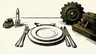 Tesla and SpaceX stocks dip while industrials rise after a state dinner: a car and rocket sit below a table while a gear and steel beam rest on top.