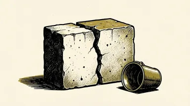 China real estate developer funds raised fall; a cracked concrete block and an empty bucket represent halted construction.