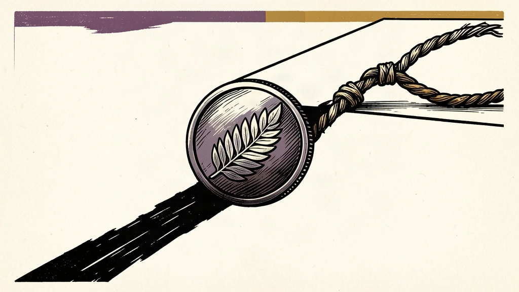 An editorial illustration of a silver fern coin sliding down a steep slope after its supporting rope has been cut.