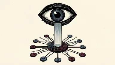 NTT Docomo Business and IBM Japan developing AI monitoring: a large geometric eye scans a network of digital nodes with a beam of light.