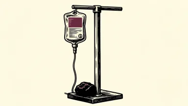 Option Care Health price target cut by UBS: a medical IV drip bag on a stand weighted down by a heavy stone.