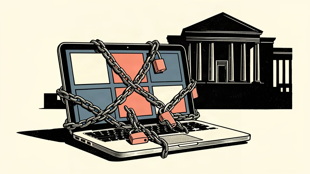 An editorial illustration of a laptop bound in heavy metal chains and padlocks, with four glowing tiles on the screen representing the encrypted email accounts.