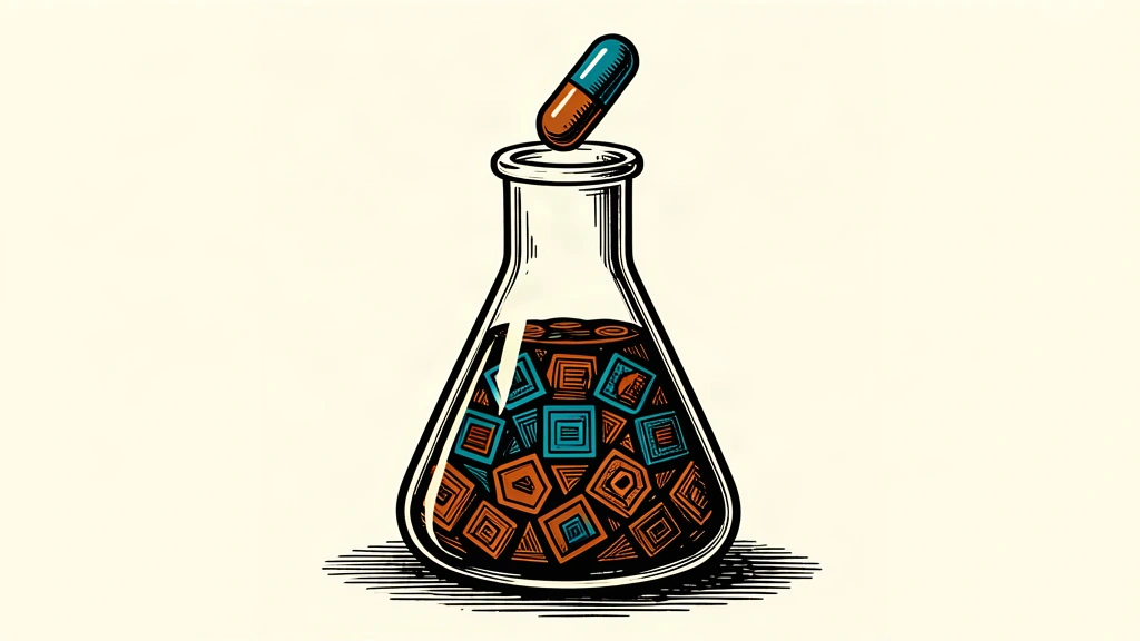 An editorial illustration showing a laboratory flask filled with digital data tiles, with a single pill rising from the top to represent AI-driven drug discovery.