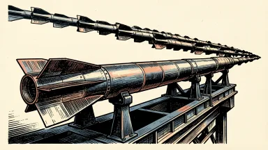 RTX accelerating AMRAAM missile production: a sleek missile on an assembly cradle with a long line of identical silhouettes receding into the distance.