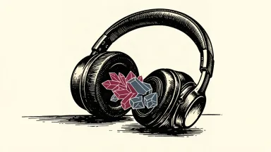 An illustration of headphones where abstract sound waves emerge from the ear cup and crystallize into structured geometric forms.