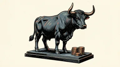 JP Morgan raises Franklin Templeton price target; a bronze bull statue with gold coins beside it.