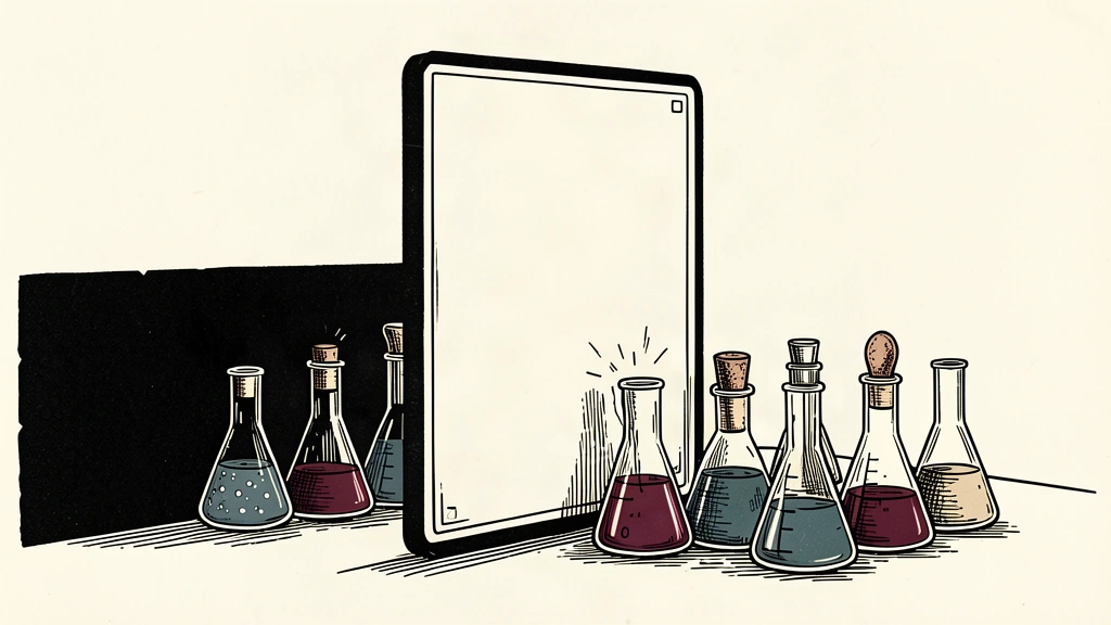 An editorial illustration showing a thick black wall blocking laboratory flasks from reaching a blank digital screen, representing AI safety guardrails.
