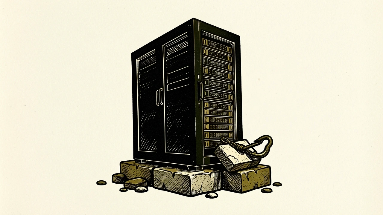 AI market risks: a heavy server rack tilting as a foundation stone is pulled away by a hook.