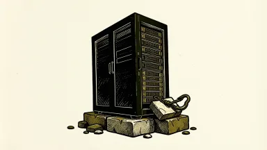 AI market risks: a heavy server rack tilting as a foundation stone is pulled away by a hook.