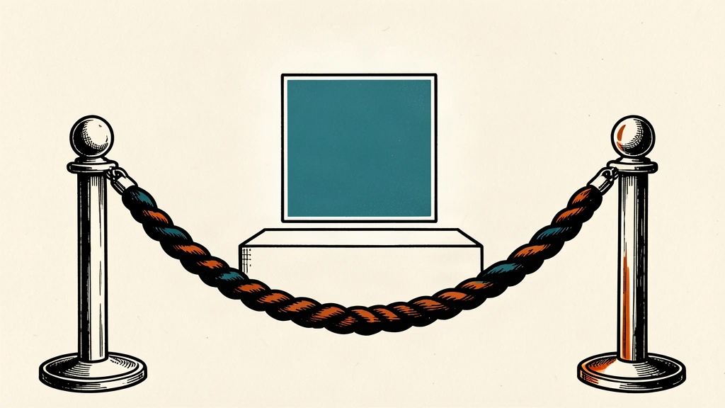 A black ink illustration of a velvet rope barrier blocking access to a glowing digital tile on a pedestal.