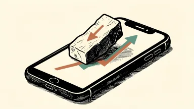 eToro Group price target cut by Susquehanna: a heavy stone block presses down on a rising graph line displayed on a smartphone screen.