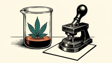 Tilray Medical receives INFARMED approval for in-house testing: a cannabis leaf inside a laboratory beaker beside a plain official seal press.