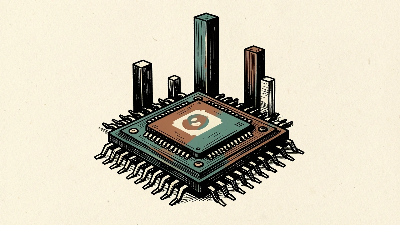 Nvidia stock valuation growth: a large computer chip positioned in front of rising architectural pillars.