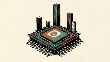 Nvidia stock valuation growth: a large computer chip positioned in front of rising architectural pillars.