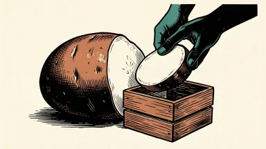 Lamb Weston quarterly dividend: a large potato with a single slice being placed into a wooden crate by a pair of hands.