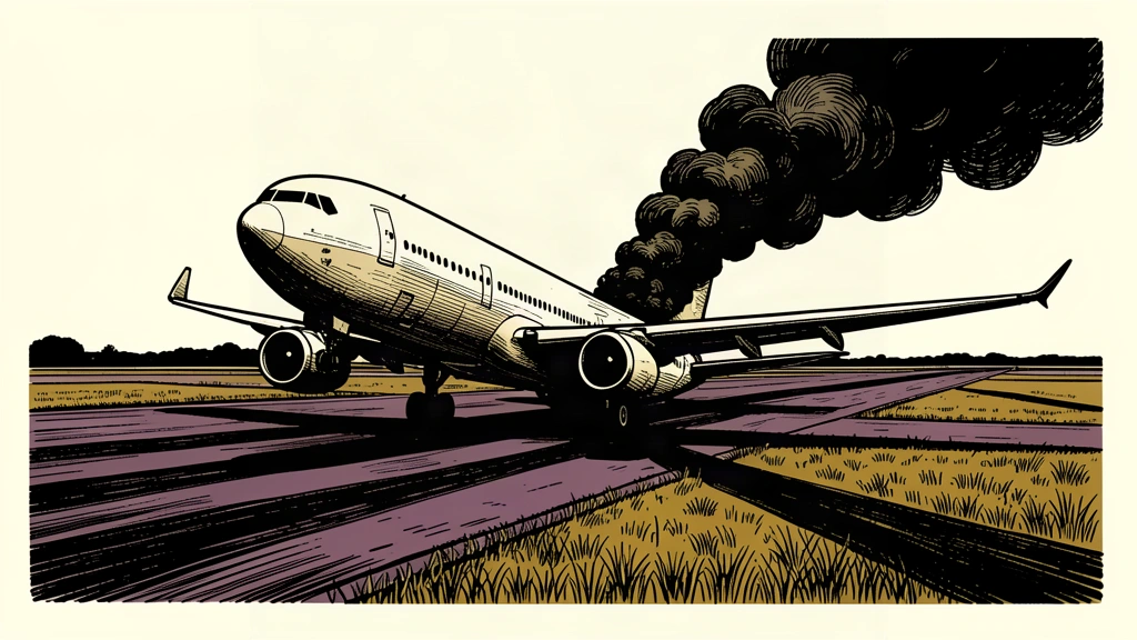 An editorial illustration showing a crashed airplane resting in the grass at the end of a runway with smoke rising from it.