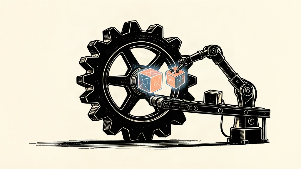 An editorial illustration showing a large industrial gear and a robotic arm interacting with a central geometric core.