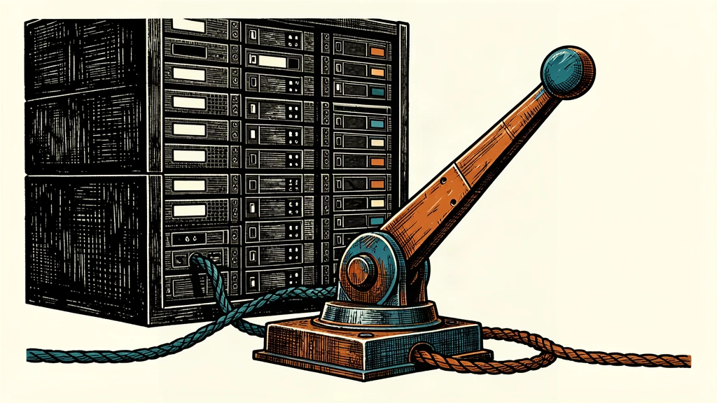 An editorial illustration of a large industrial kill-switch lever connected by a heavy cable to a wall of server racks.
