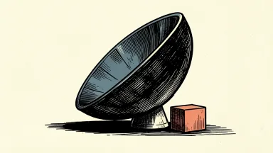 A satellite dish tilts downward beside a small block, representing a reduced price target for AST SpaceMobile.