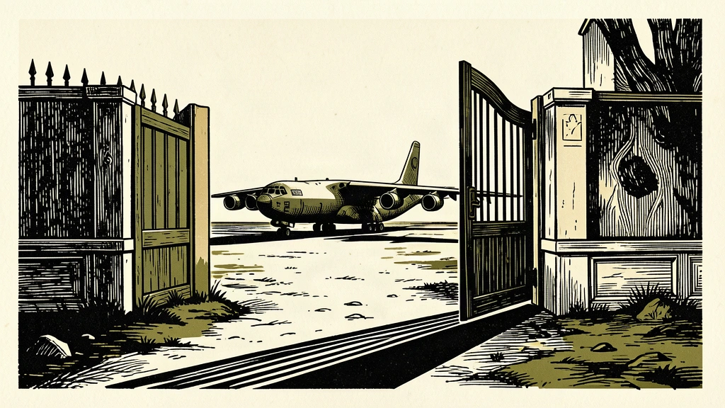 An editorial illustration showing a large military transport plane on the ground behind a heavy, partially closed gate, symbolizing a departure deadline.