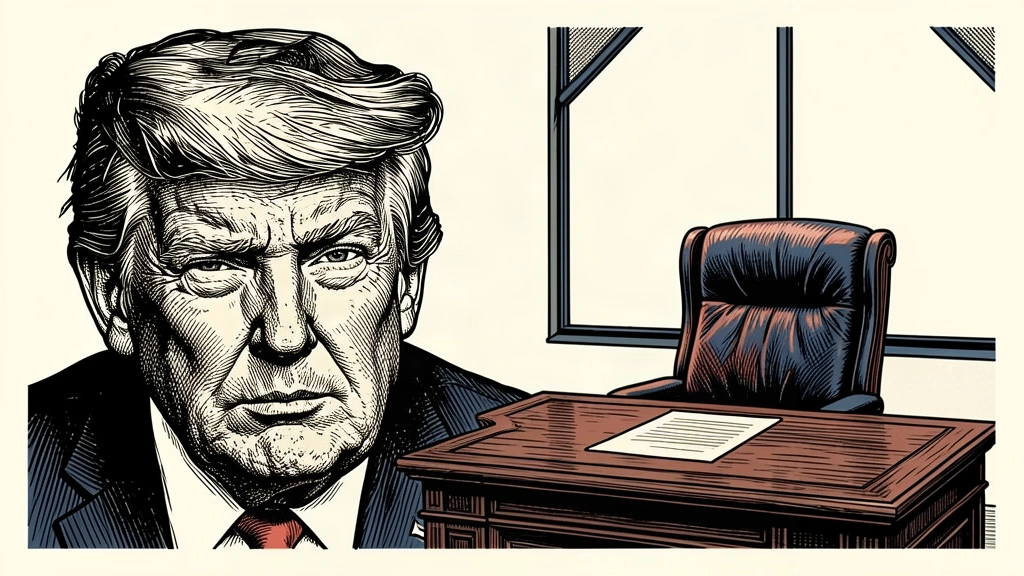 A portrait of Donald Trump next to an empty executive chair and desk, symbolizing a lost appointment. Identity photo references adapted into illustration: Daniel Torok (Public domain; https://commons.wikimedia.org/wiki/File:Official_Presidential_Portrait_of_President_Donald_J._Trump_(2025).jpg); source https://commons.wikimedia.org/wiki/File:Official_Presidential_Portrait_of_President_Donald_J._Trump_(2025).jpg
