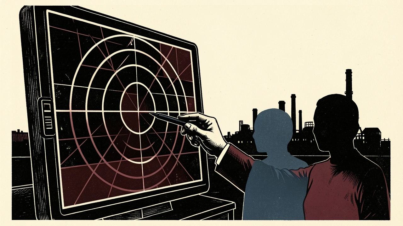 Iran's reported intelligence support for Houthi attacks: a silhouetted hand points a stylus at a coordinate on a glowing radar grid near an industrial site.