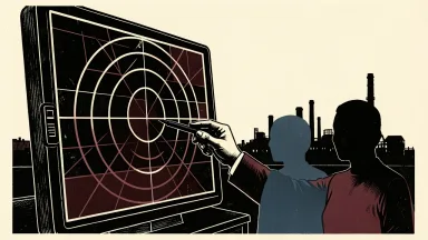 Iran's reported intelligence support for Houthi attacks: a silhouetted hand points a stylus at a coordinate on a glowing radar grid near an industrial site.