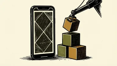AppLovin Q3 2026 earnings announcement: a stylized smartphone stands next to a stack of data blocks being completed by a mechanical arm.