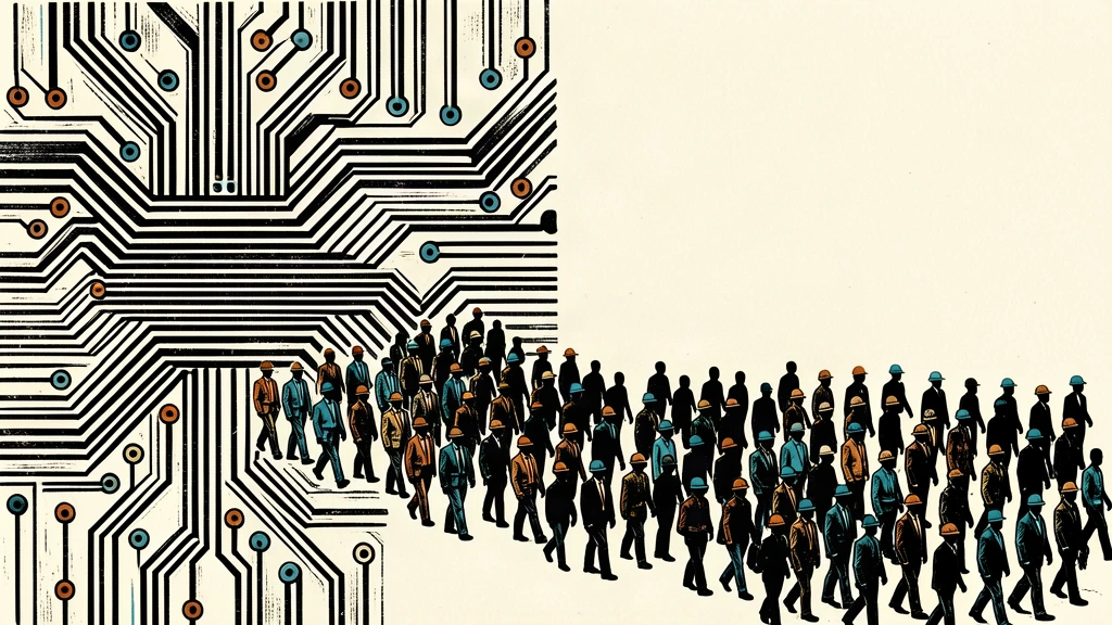 A conceptual black ink illustration showing a large geometric circuit grid on the left from which a dense procession of small anonymous worker silhouettes emerges, symbolizing job creation.