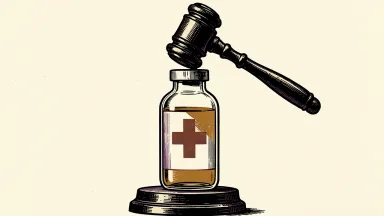 Capricor Therapeutics facing a securities lawsuit: a large medical vial sits beneath a descending legal gavel.