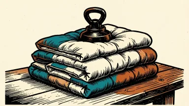 Target lowers prices on home and apparel items: a heavy metal weight compresses a stack of folded bedding and clothing.