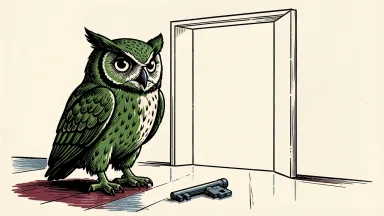 Duolingo chairman exits position: a green owl mascot stands near an abandoned key before a tall, open doorway.
