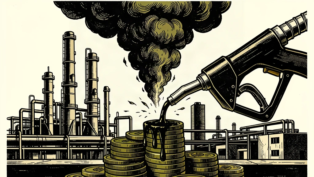 An editorial illustration showing a damaged oil refinery with smoke in the background while a fuel nozzle drips oil onto a rising stack of coins in the foreground.