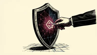 Leidos launches an AI platform for cyber defense: a mechanical hand slots a geometric key into a large shield on a digital grid.