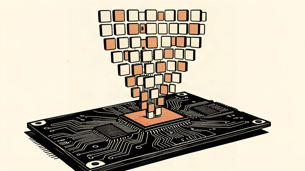 An illustration showing a Blackwell GPU chip launching a vertical stream of digital image tiles that expand into a large grid.