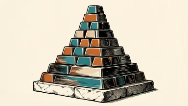 Americas Gold and Silver reports record production: a large silver bar on a stone base with a tall stack of silver ingots rising behind it.