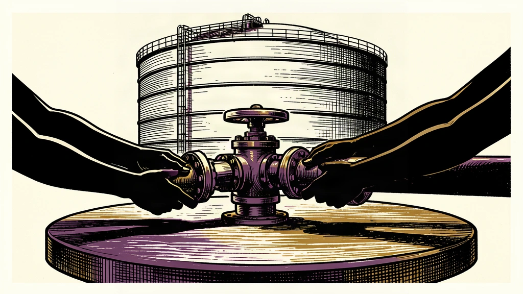 An editorial illustration showing an industrial oil pipeline being integrated into a formal summit table by anonymous hands, symbolizing energy diplomacy.