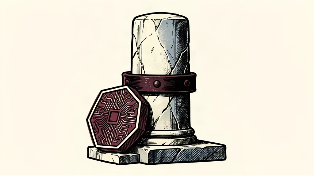 An editorial illustration showing a digital coin acting as a heavy wedge against the base of a massive, intact stone pillar that is reinforced by a thick iron band.