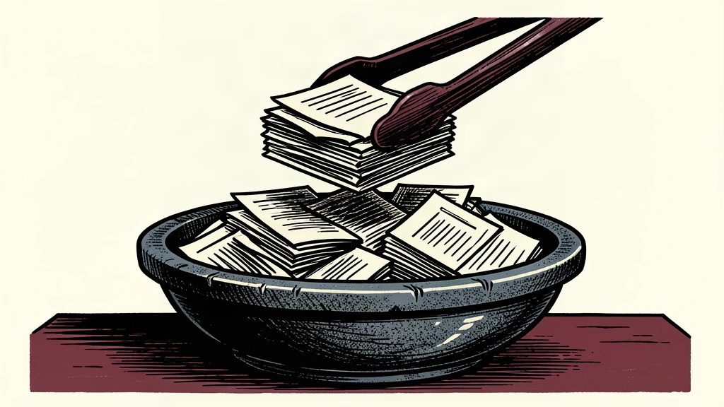 A pair of large tongs selects half of a massive pile of documents from a stone basin.