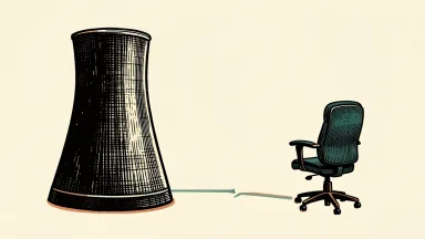 American Electric Power executive departure: a nuclear cooling tower stands next to a severed connection leading to a lone office chair.