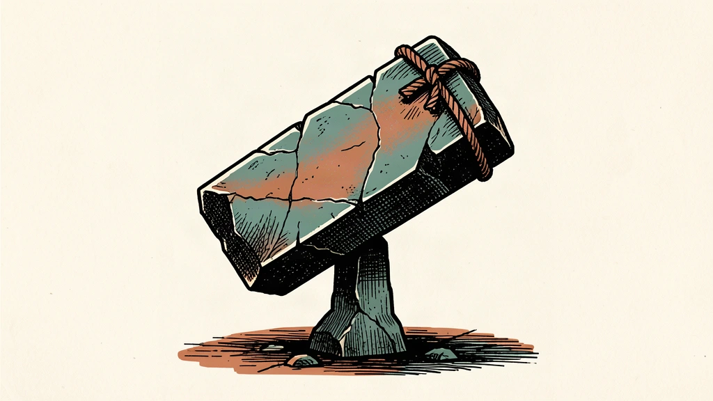 A conceptual illustration of a large stone block tilting on a narrow pillar, held by a single taut rope to show fiscal imbalance.